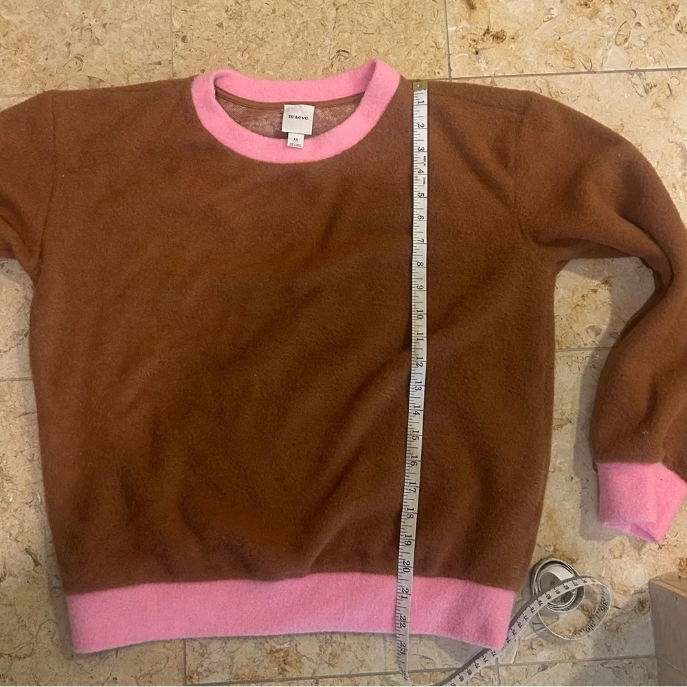 Maeve Anthropologie Brown Plush Oversized Crewneck Sweater w/ Pink Trim Size XS